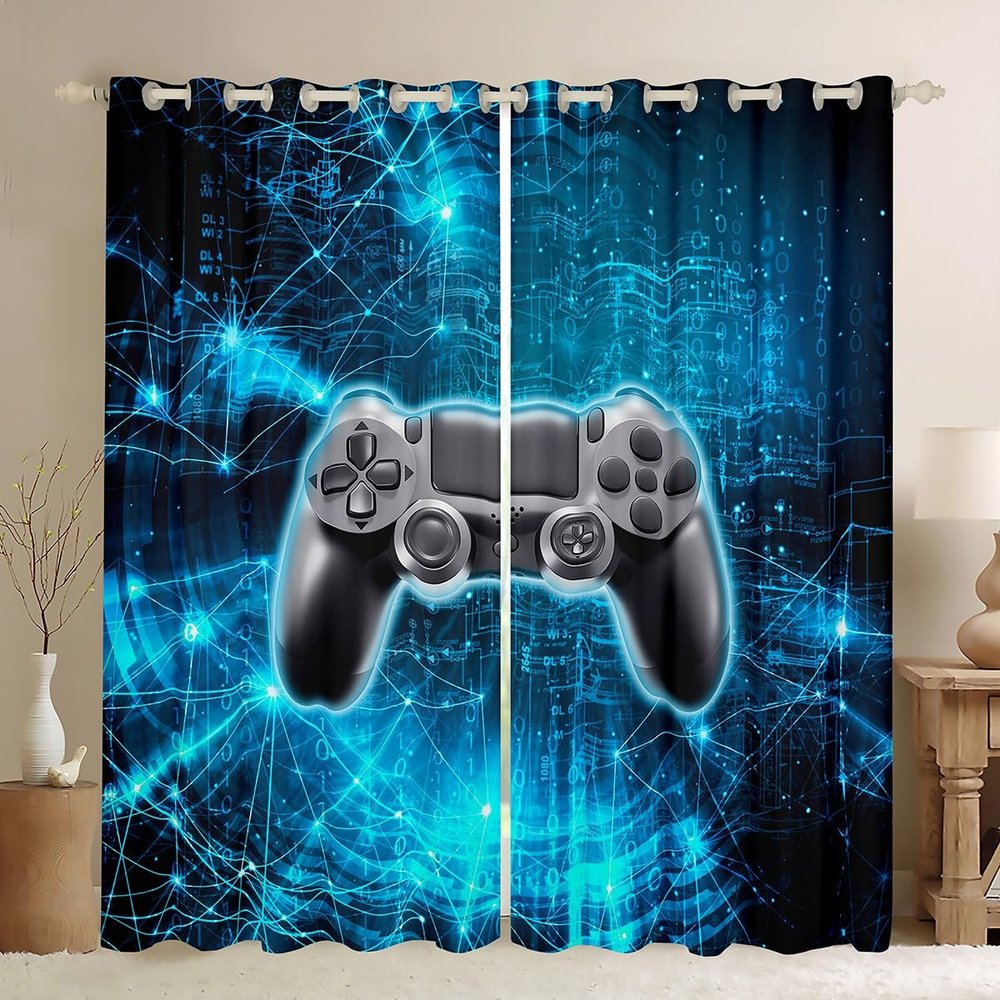 Black Gamepad Window Curtains for Kids’ Gamer Rooms, Neon Blue Geometric Lines, 2 Panels