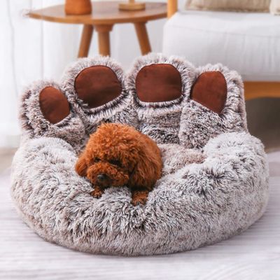 Yinghesheng Plush Calming Dog Bed, Bear Paw-Shaped Pet Sofa, Brown, 65 x 65 x 38 cm