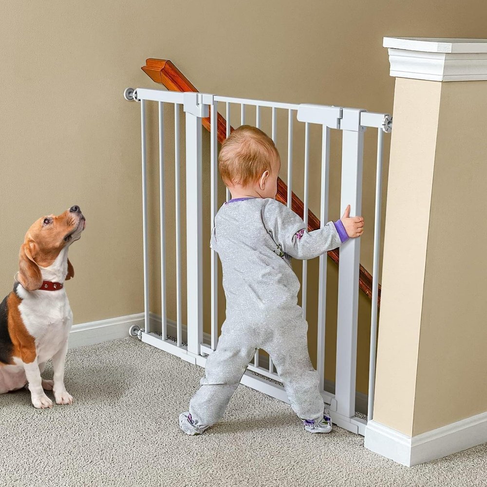 2-in-1 Extra-Wide Walk-Through Baby Safety Gate, White, 75–82 cm + 77 cm Extension