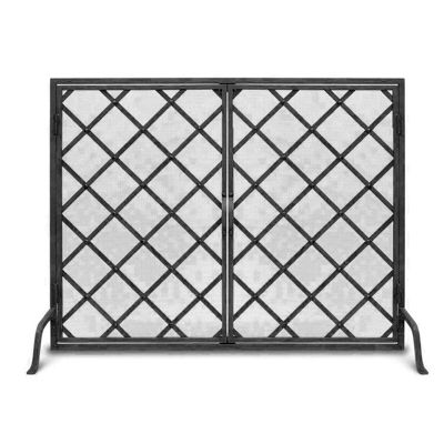 Freestanding Wrought-Iron Fireplace Screen with Doors and Handle