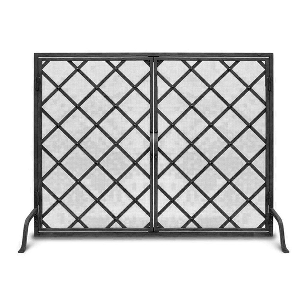 Freestanding Wrought-Iron Fireplace Screen with Doors and Handle