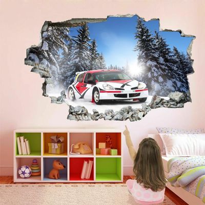 3D Wall Decal, Car Breaking Through Wall, Winter Forest, 90 x 60 cm