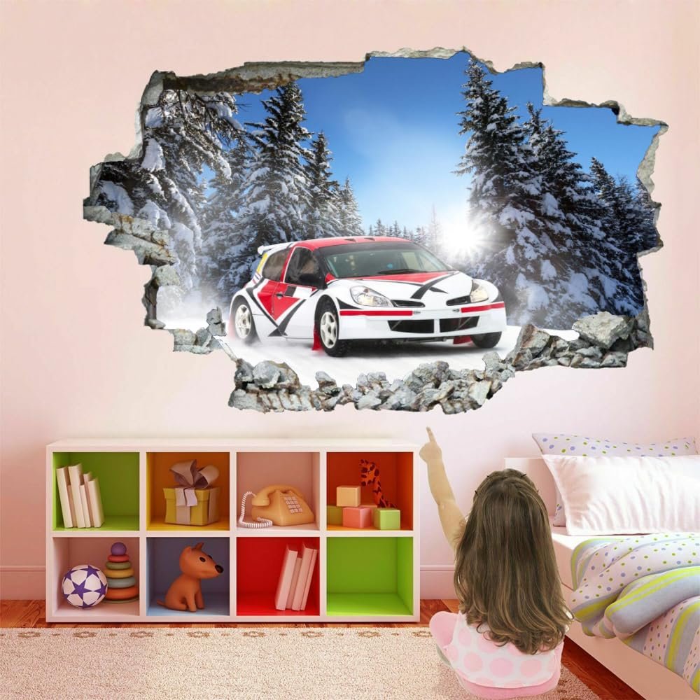 3D Wall Decal, Car Breaking Through Wall, Winter Forest, 90 x 60 cm