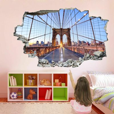 3D Broken-Through Bridge Wall Decal, Removable Wall Sticker, 75 x 50 cm