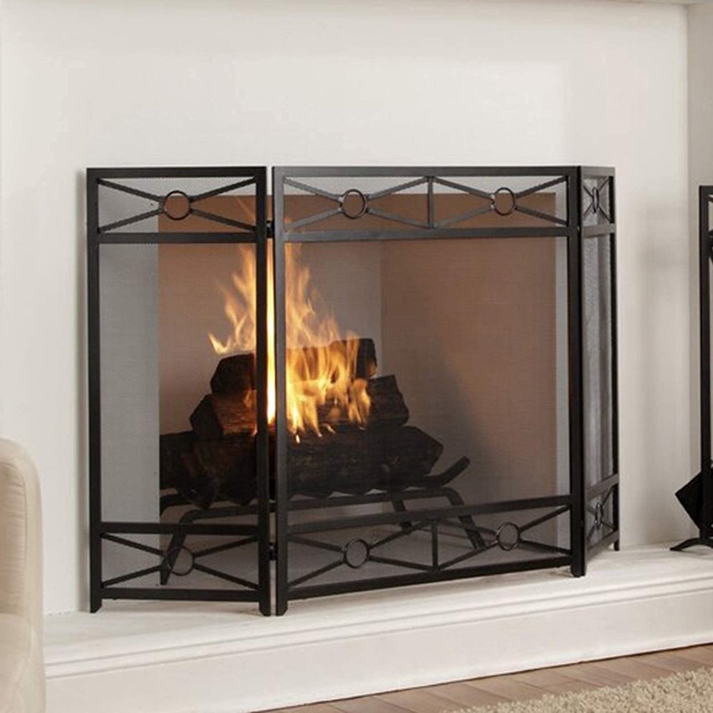 Modern 3-Panel Fireplace Guard, 127 cm Wide, Folding Iron Fire Screen with Geometric Décor