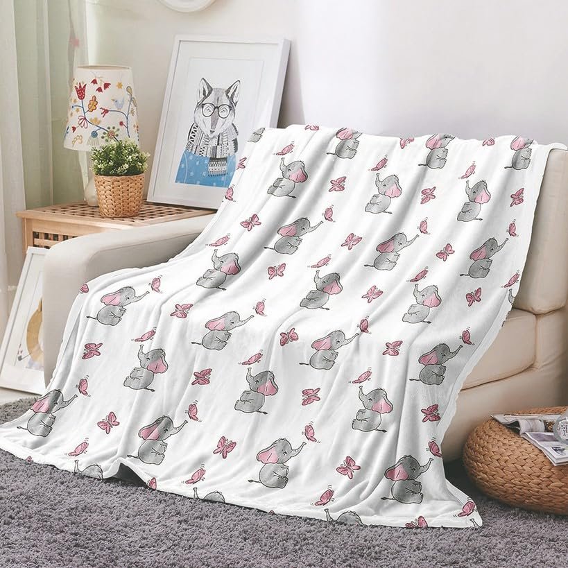 EHOMERY Outdoor Cozy Blanket for Patio, Baby Blanket, Warm Elephant Cartoon Blanket, White, 100 x 70 cm