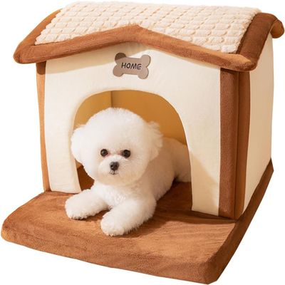 Cat Cave Bed, Warm Foldable Cat Tent with Non-Slip Base, Brown, Size L
