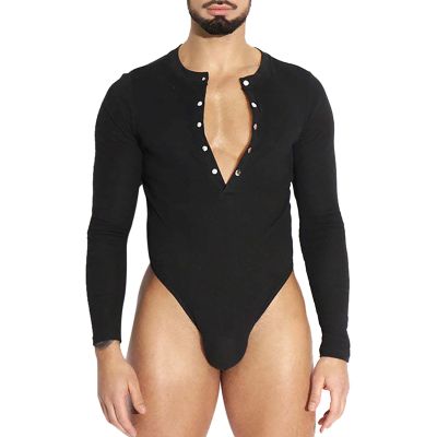 Duohropke Men's One-Piece Bodysuit, Long-Sleeve Lingerie Jumpsuit, High-Cut Brief/Thong, Slim-Fit Leotard
