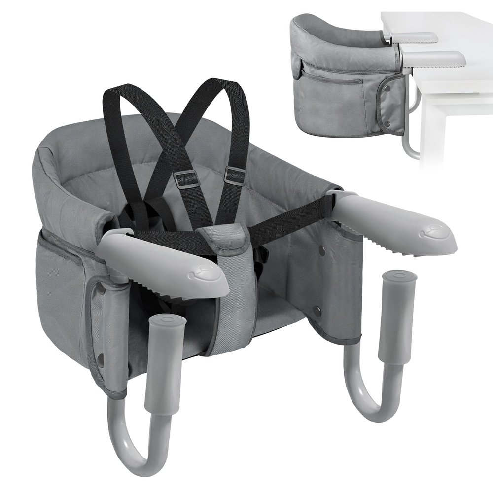 LILIIN Foldable Baby Table Seat Booster, Baby Seat with Non-Slip Clamps and Backrest, Travel High Chair Booster with Seat Bag, for 2–8 cm Thick Tables, Gray