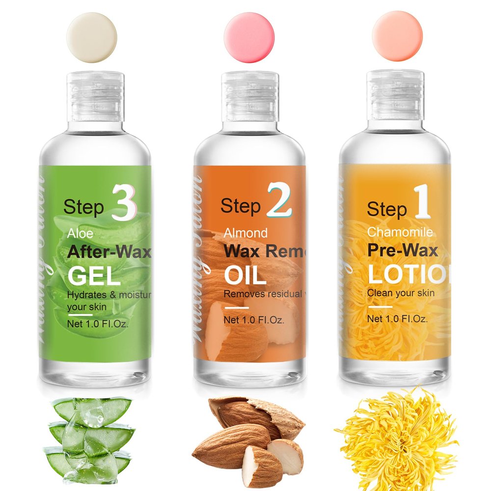 Demine Pre- and Post-Wax Care Kit, Professional At-Home Waxing Set for Women with Pre-Wax Cleanser, Wax Removal Oil and Cooling Aloe Vera Gel