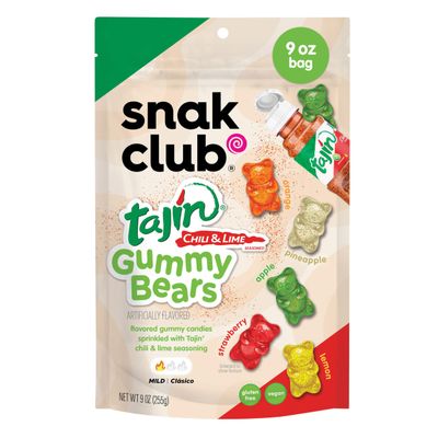 Snak Club Tajín Gummy Bears, Assorted Fruit Candies with Chili-Lime Seasoning, Mild, Gluten-Free and Vegan Snacks, 266 mL Resealable Bag