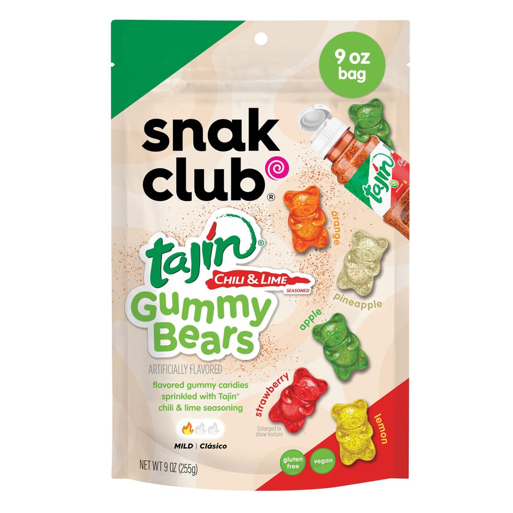 Snak Club Tajín Gummy Bears, Assorted Fruit Candies with Chili-Lime Seasoning, Mild, Gluten-Free and Vegan Snacks, 266 mL Resealable Bag