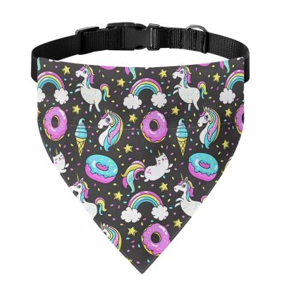 Xoenoiee Reversible Dog Bandana with Unicorn, Donut and Ice Cream Pattern, Adjustable Buckle, Metal Ring, Size M