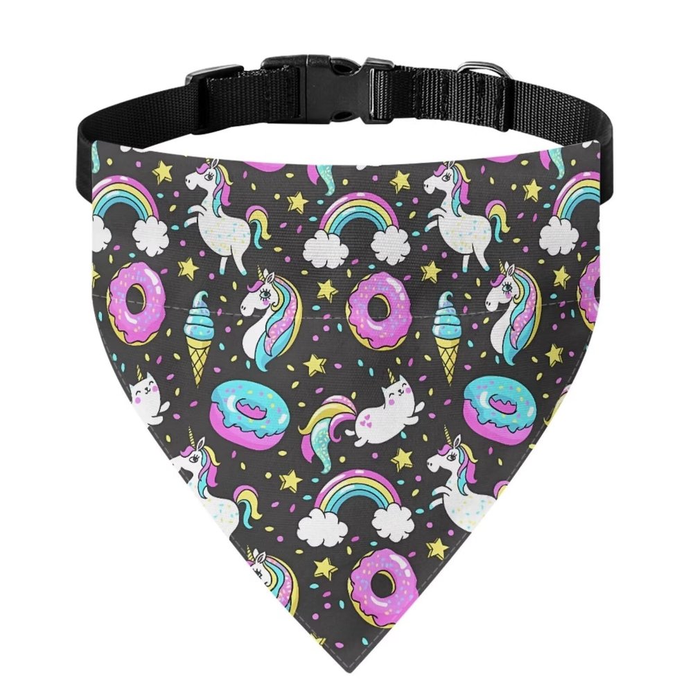 Xoenoiee Reversible Dog Bandana with Unicorn, Donut and Ice Cream Pattern, Adjustable Buckle, Metal Ring, Size M