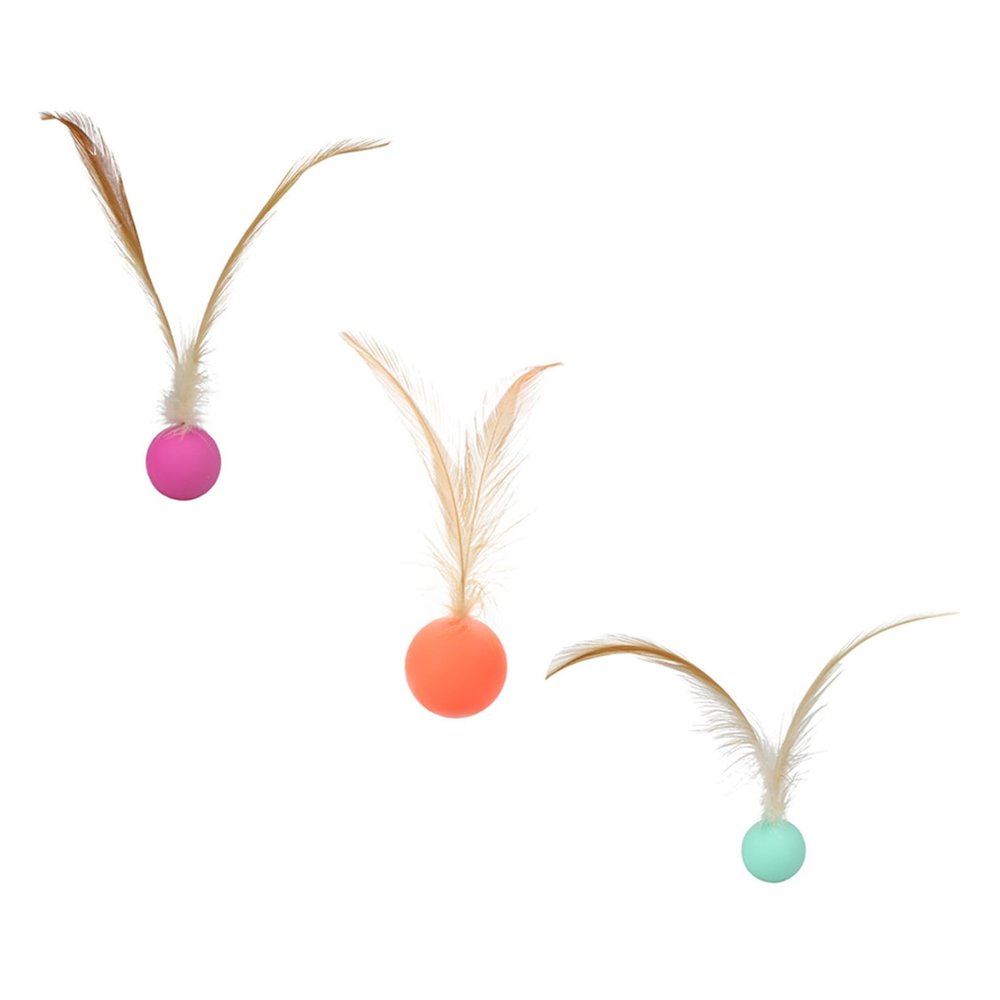 Interactive Cat Ball Toys, 3-Pack Rubber Balls with Feathers