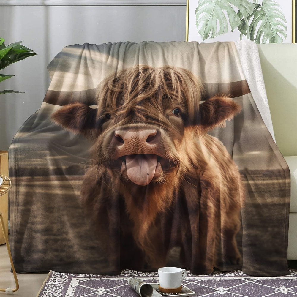 Highland Cow Fleece Throw Blanket, 130 x 160 cm