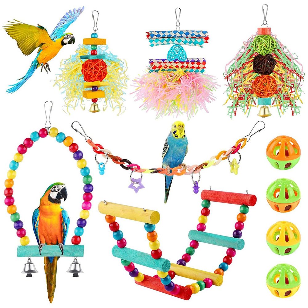 Oikabio Budgie Toys, Small Chew Toys for Parrots, Cage Foraging Toys, Hanging Toys, Bird Swing and Ladder