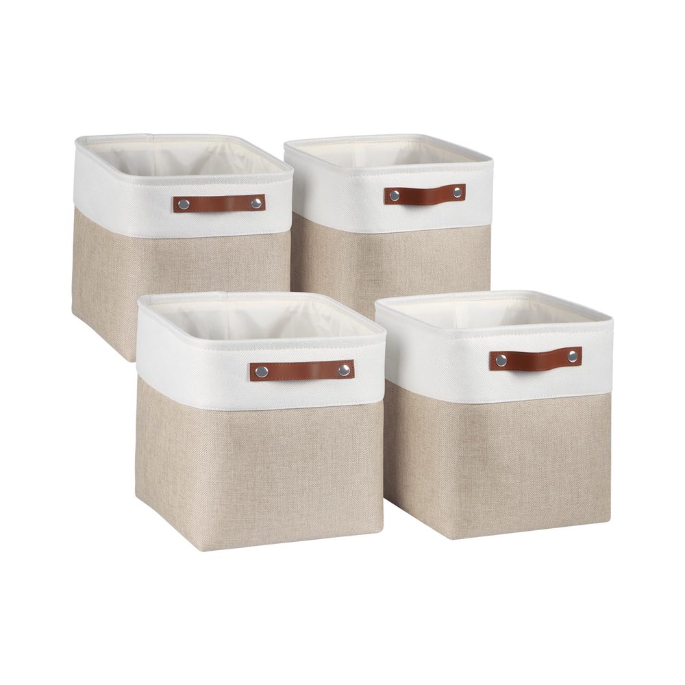 Univivi Foldable Storage Bins, 10.5-Inch Fabric Cube Bins for Shelves with Hard Bottom and PU Handles, Khaki