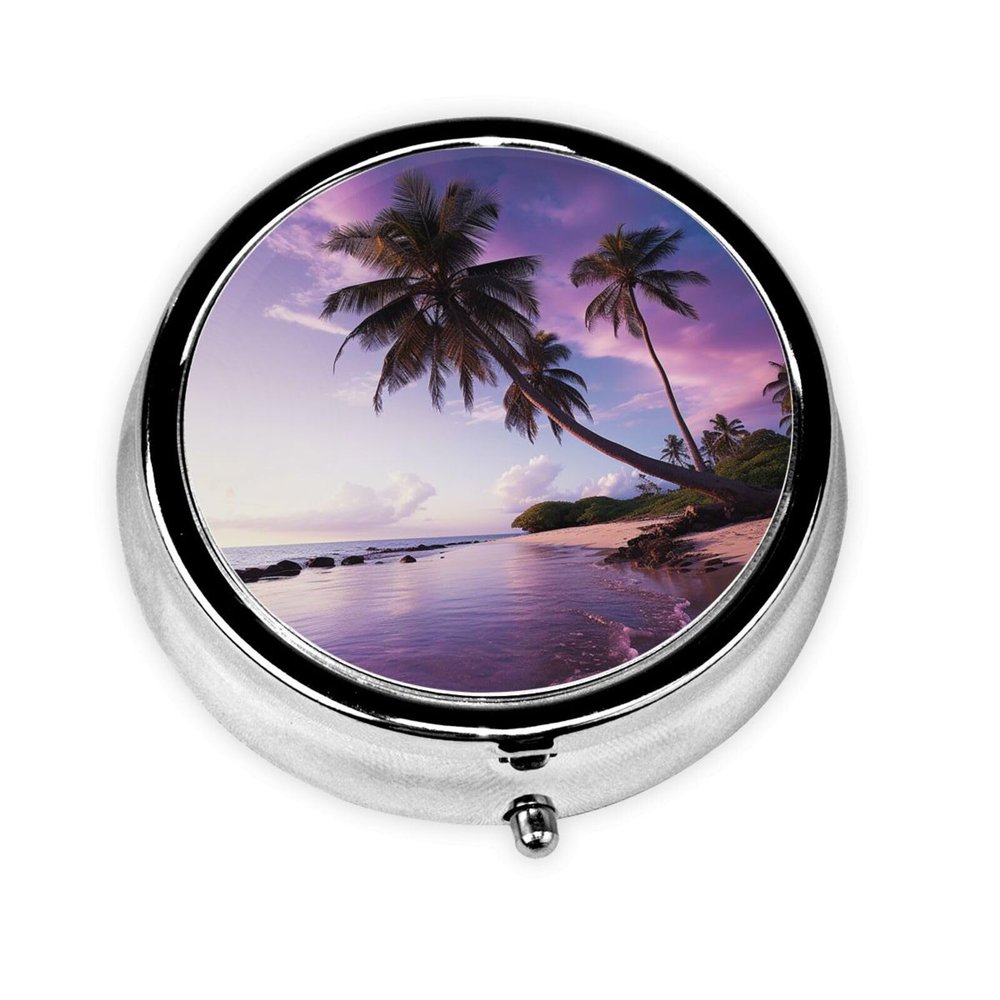 Round Metal Pill Organizer with Coconut Tree Print, 3 Compartments, Purple