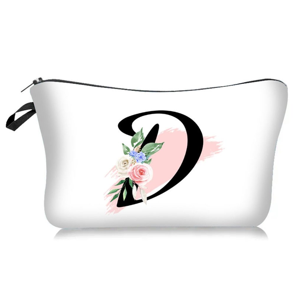 Personalized White Makeup Bag with Floral Letter A-Z Design