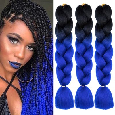 Jumbo Synthetic Kanekalon Braiding Hair Extensions, DIY Twist Crochet Braids, Ombre 2-Tone, 3 Pieces, 24 in, B21 Black to Blue
