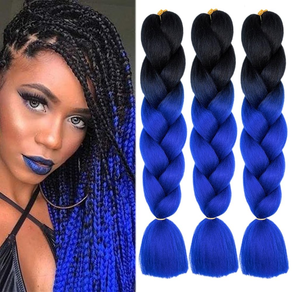 Jumbo Synthetic Kanekalon Braiding Hair Extensions, DIY Twist Crochet Braids, Ombre 2-Tone, 3 Pieces, 24 in, B21 Black to Blue