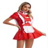 TiaoBug Women's Maid Costume Wetlook Lingerie Set, Patent-Look Mini Dress with Satin Apron, Red, M view 3