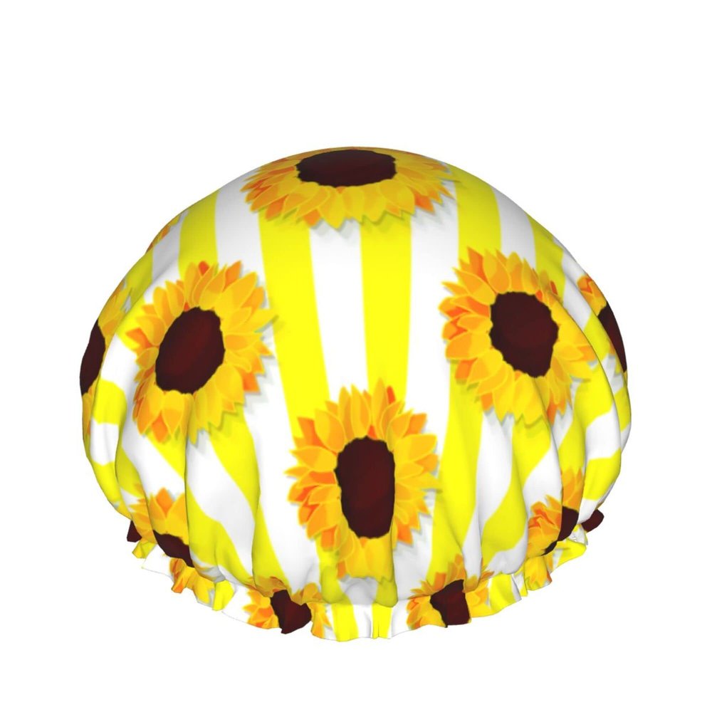 Striped Sunflower Shower Cap, Waterproof Double-Layer Hair Cover