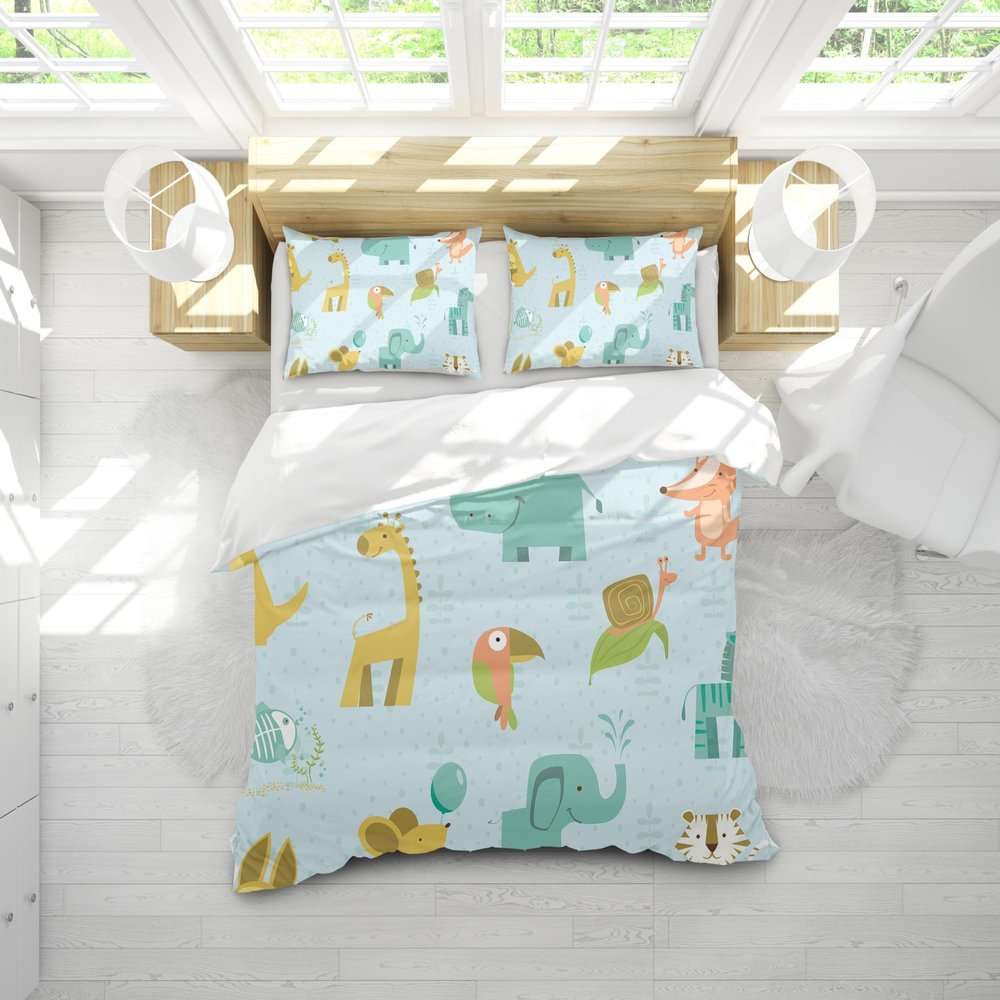 JGGXHM Cute Giraffe, Elephant & Fox Bedding Set, Green, 200 x 200 cm