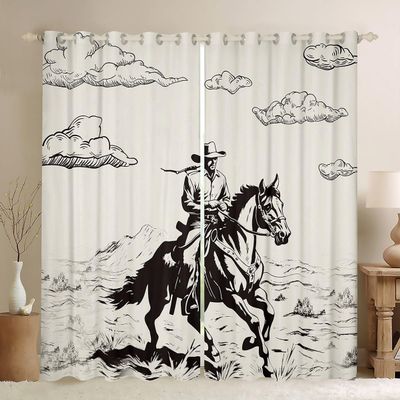 feelingyou Cowboy Cowgirl Wild Horse Desert Cactus Sketch Window Curtains, Western Rustic Retro, XXL
