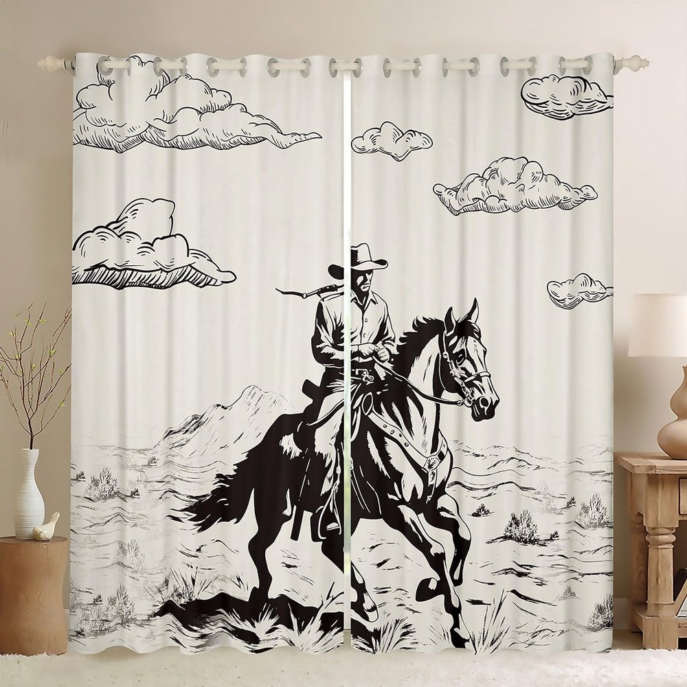 feelingyou Cowboy Cowgirl Wild Horse Desert Cactus Sketch Window Curtains, Western Rustic Retro, XXL