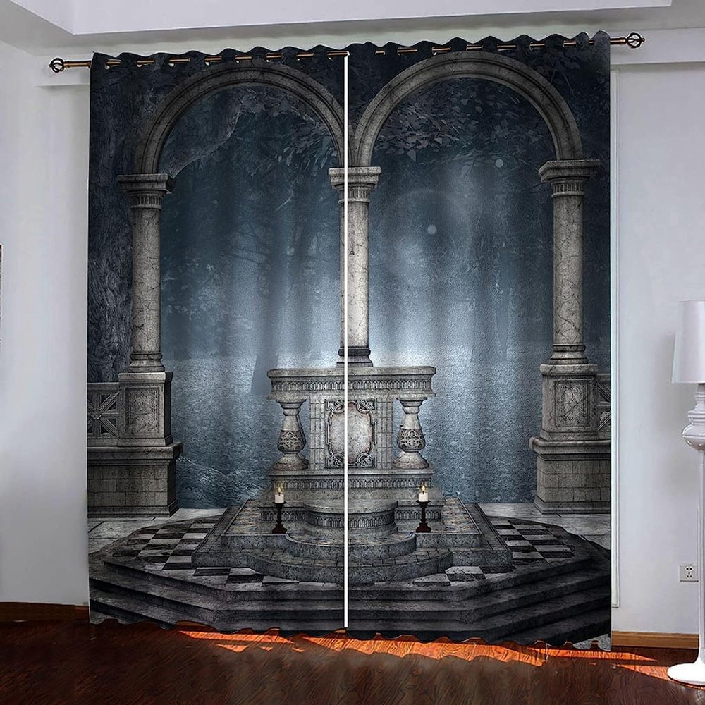 Gray 3D European-Style Building Print Polyester Curtains