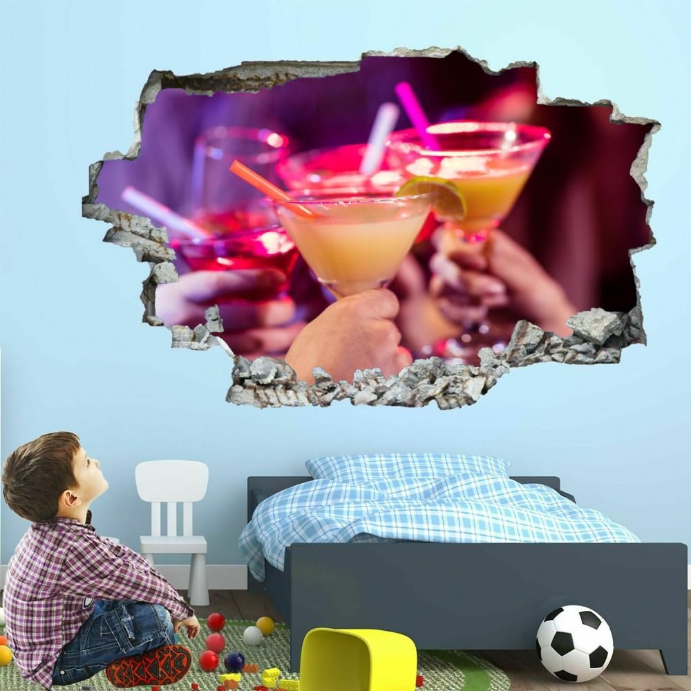 3D Hole-in-the-Wall Cocktail Glass Wall Sticker, Removable, 90 x 60 cm