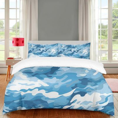 3-Piece Duvet Cover Set for Double Beds, Blue and White Camouflage, 60 x 80 in