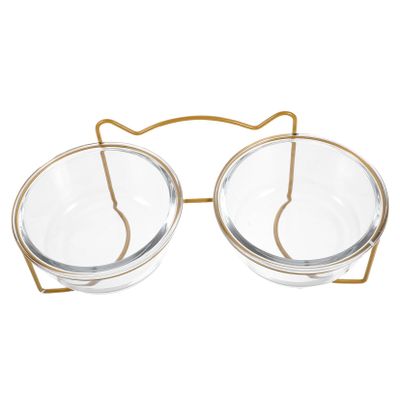 FOMIYES Elevated Cat Food Bowl with Stand, Glass and Metal, Angled Double-Bowl Design