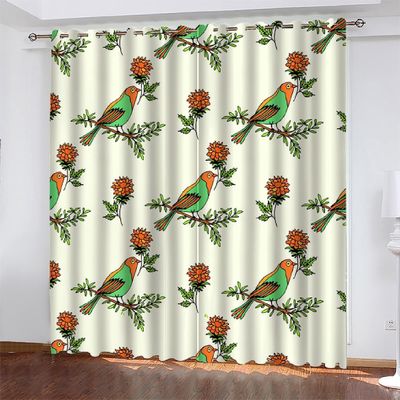 Bedroom Curtains with Cartoon Birds and Flowers, Blackout 3D Printed Curtains for Bedroom or Living Room