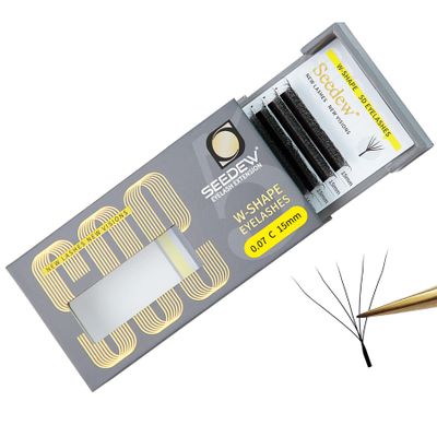 SEEDEW 5D W-Shape Eyelash Extensions, 0.07 C Curl, 15 mm, 12 Rows/Tray, Black
