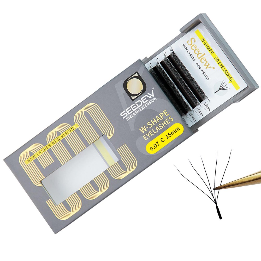 SEEDEW 5D W-Shape Eyelash Extensions, 0.07 C Curl, 15 mm, 12 Rows/Tray, Black