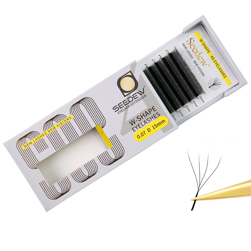 SEEDEW 4D W-Shaped Eyelash Extensions, 0.07 D, 15 mm, 12 Rows/Tray, Black
