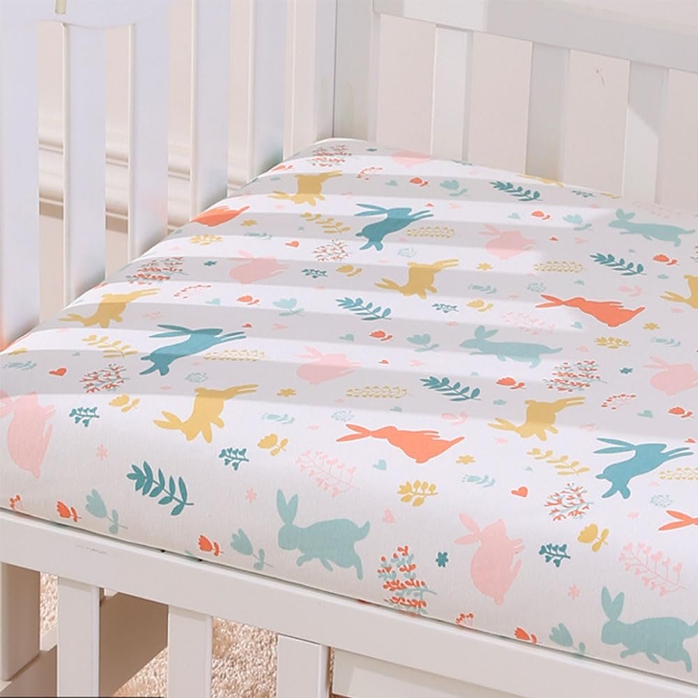 Odot Fitted Crib Sheet, Soft Cotton Baby Mattress Cover, Rabbit, 63 x 31 x 2.4 in