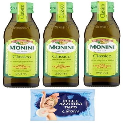 3-Pack Monini CLASSICO Extra Virgin Olive Oil, 250 ml Glass Bottles + Free 100 g Felce Azzurra Talcum Powder