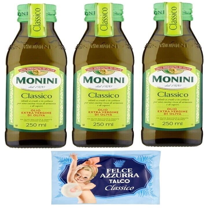 3-Pack Monini CLASSICO Extra Virgin Olive Oil, 250 ml Glass Bottles + Free 100 g Felce Azzurra Talcum Powder