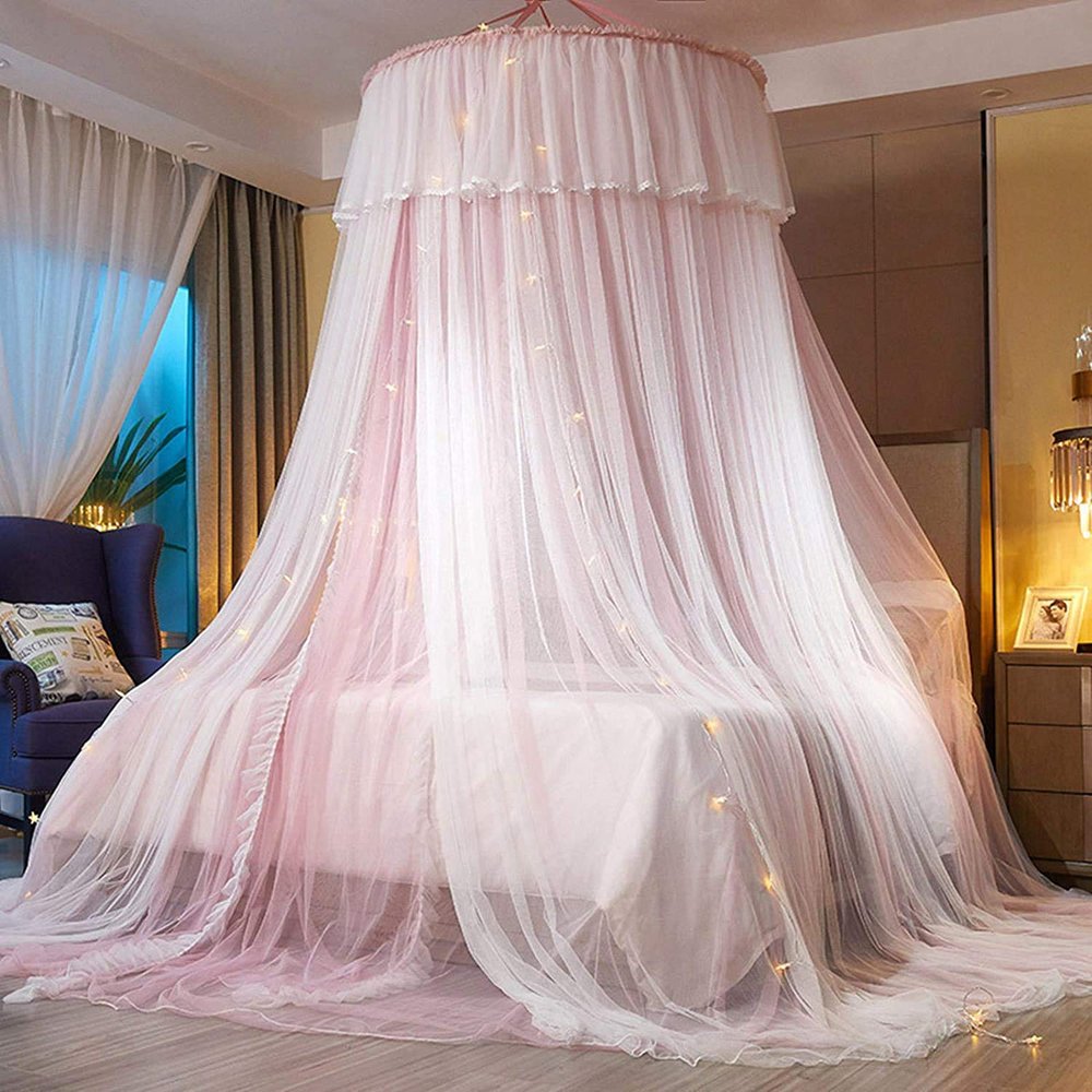 IxapA Girls' Bed Canopy, Double-Layer Transparent Mesh Dome Curtain for Twin, Full, Queen, and King Beds