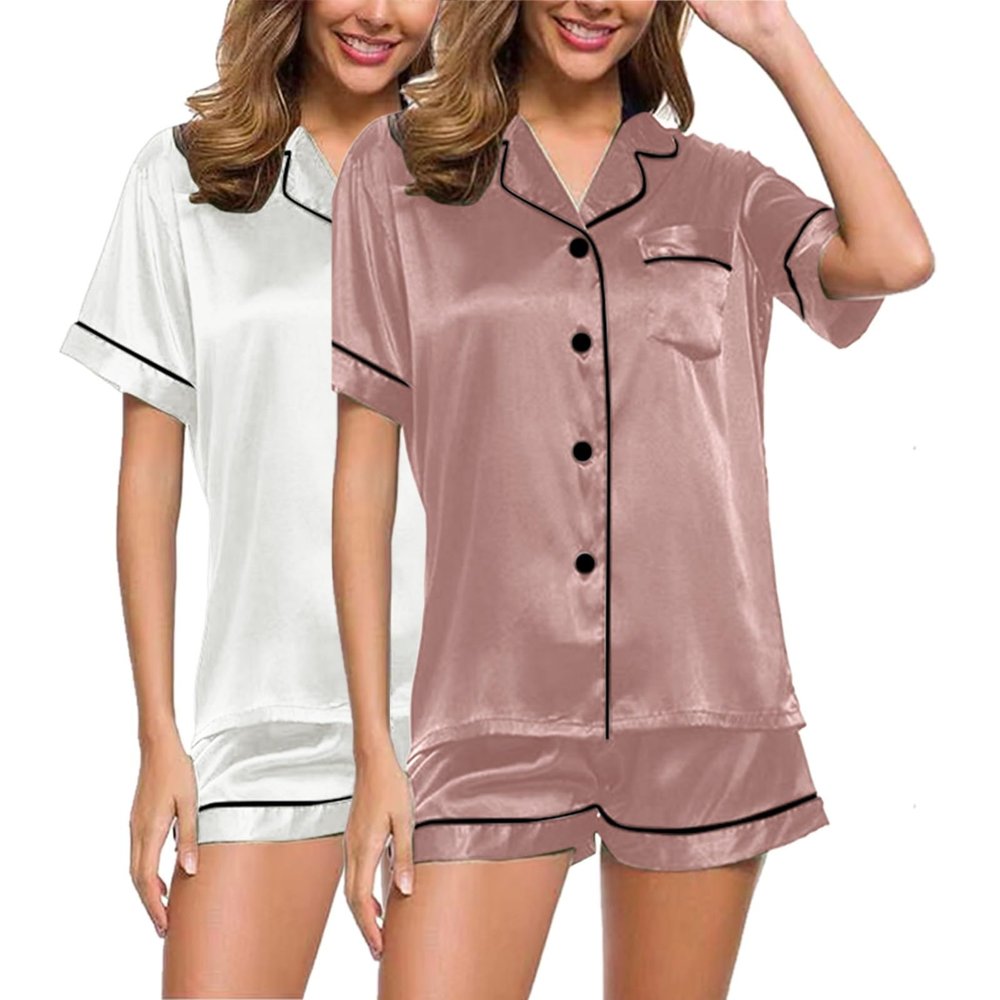 Women's Long Satin Pajama Set, 4-Piece Cami Top and Shorts Set