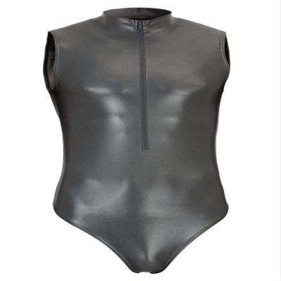 ML-Sport24 Wetlook Men's String Bodysuit with Collar, Front Zipper, Sleeveless, Shiny Stretch, 80% Polyamide/20% Elastane, L, Anthracite