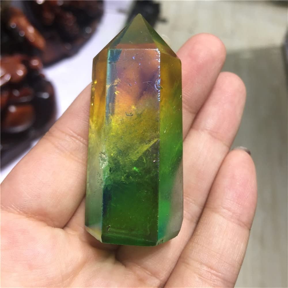 WIOSEN Natural Quartz Crystal Obelisk Wand Point, Electroplated Dual-Color Aura Titanium Coating, 1 Pc.