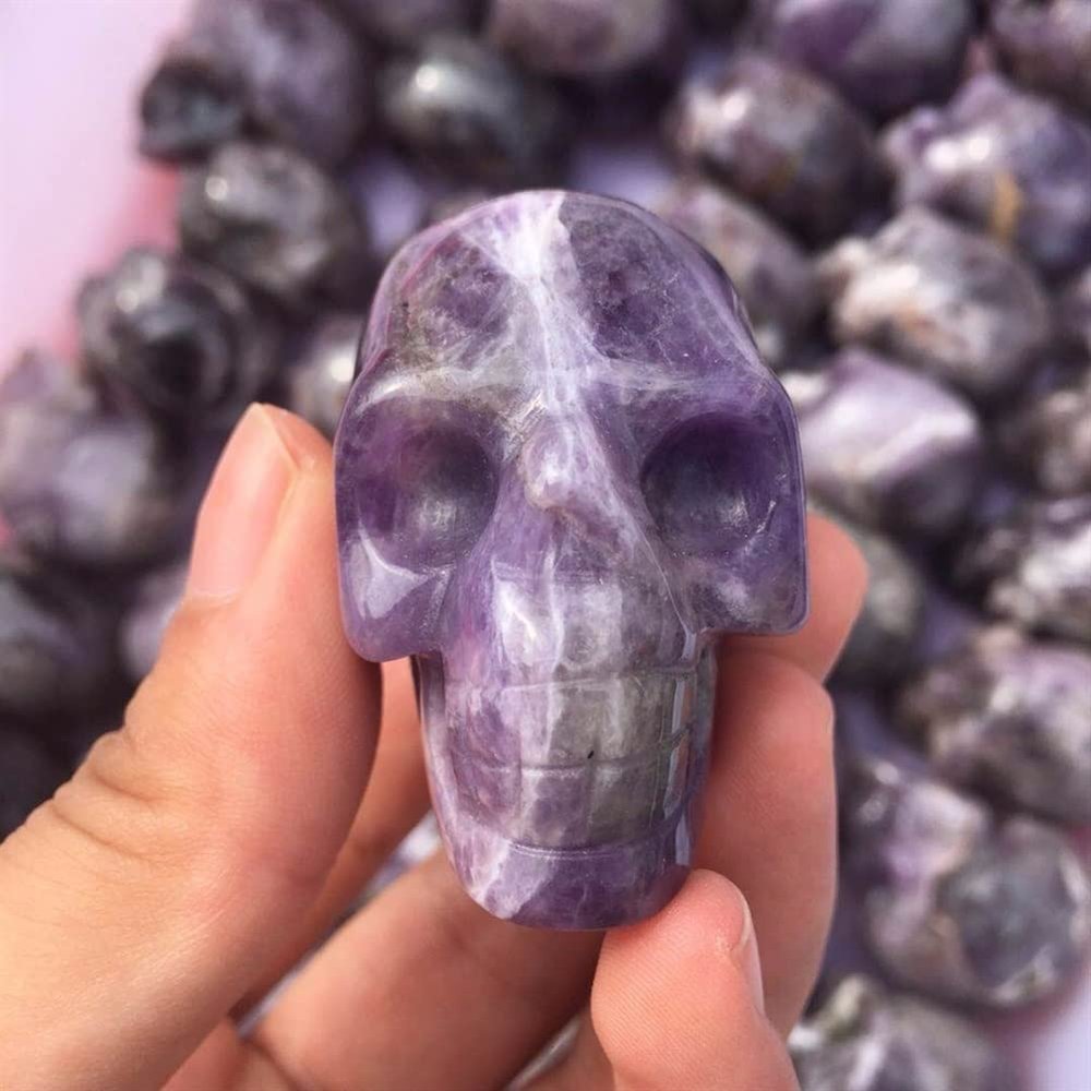 WIOSEN Natural Dream Amethyst Quartz Crystal Skull Gemstone, Handmade Carved Crystal Skull Decoration