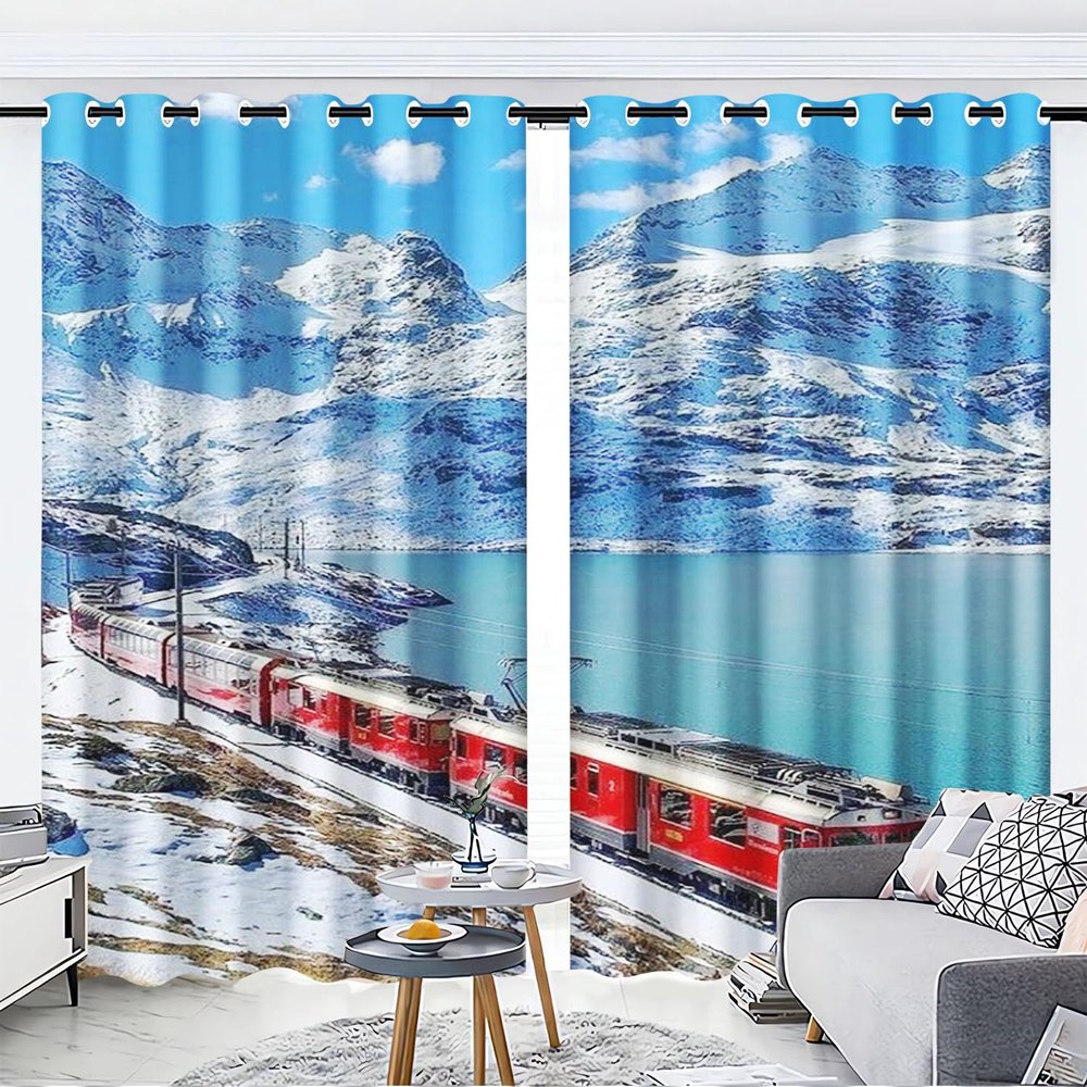 KARPIX Train Locomotive 3D Curtains, 2-Piece Polyester Window Curtains for Kids' Rooms, 183 x 160 cm