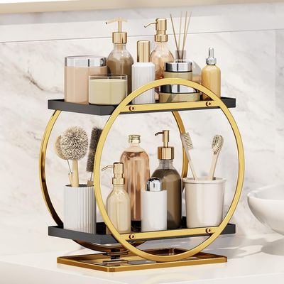 2-Tier Black and Gold Makeup Organizer with Perfume Holder
