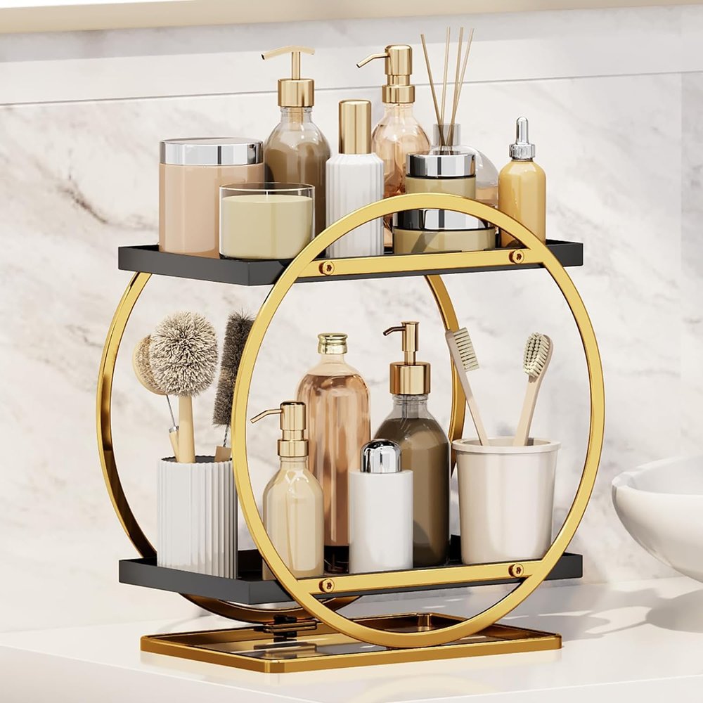 2-Tier Black and Gold Makeup Organizer with Perfume Holder